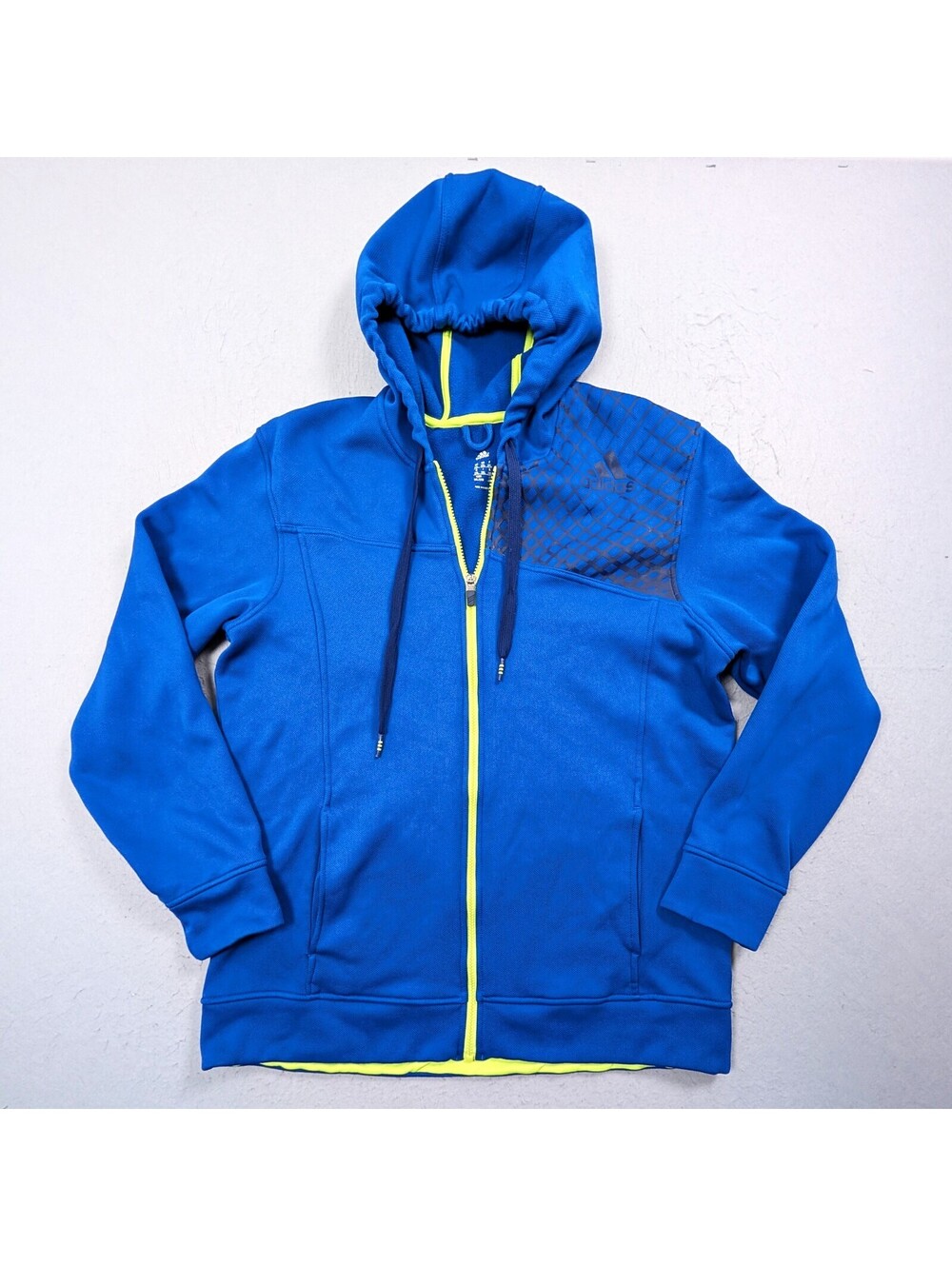 Adidas Men's 2XL Blue Full Zip Fleece Hoodie Neon Yellow Graphic Sweatshirt